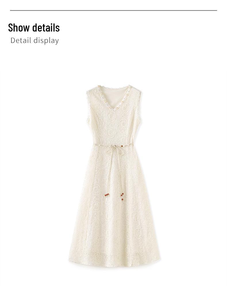 Nanyou Elegant Handmade Shell V-neck Embroidered Sleeveless Dress - Summer Vacation Style