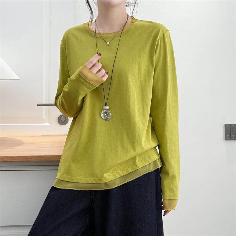 2026 Spring Plus Size Women's Mesh Splicing Long Sleeve Round Neck Base Layer Top for Chubby Girls