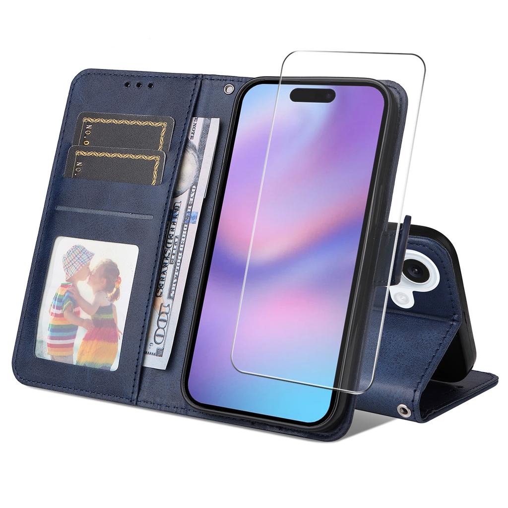 For iPhone 16 Plus PU Leather Wallet Case Phone Stand Cover with Tempered Glass