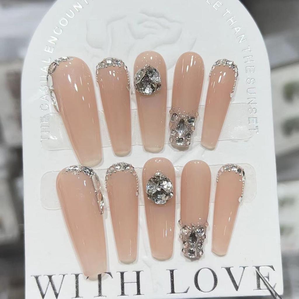 Pure Desire Style Wear Armor Handmade Gentle Nude Color Light Luxury Broken Diamond Nail Art Permanent Removable Nail Piece