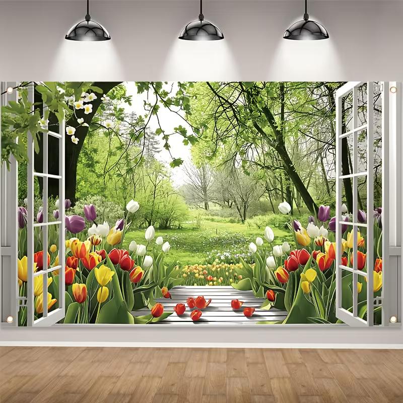 Rustikales Fensterbild Grüner Wald Tulpenblumen Foto Hintergrund