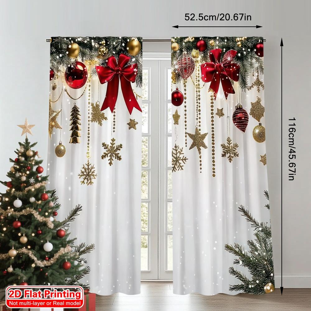 2D Flat Printing 2pcs Merry Christmas Curtain Red Bow Durable 100% Polyester Fabric Without Electricity Spring Party & Holiday