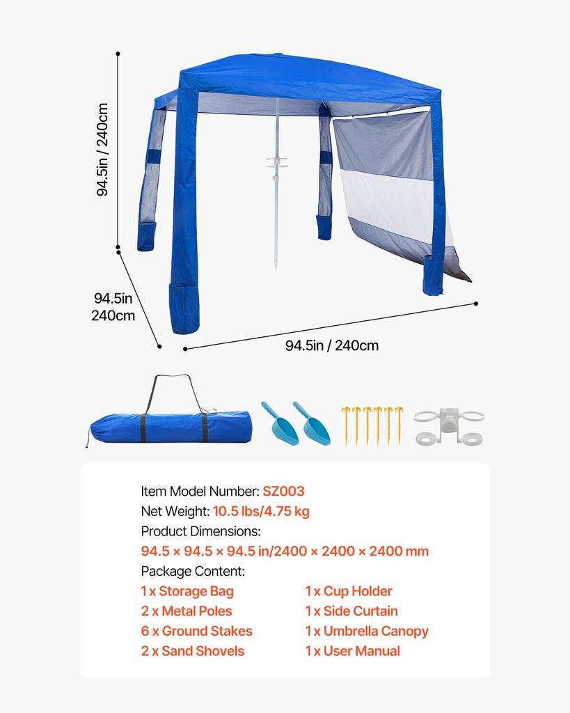 Beach Cabana, 2.4 x 2.4 m Beach Canopy with Side Wall, UPF 50+ Protection Easy Setup Cabana Tent with Sand Pockets, Adjustable Height Portable Shade