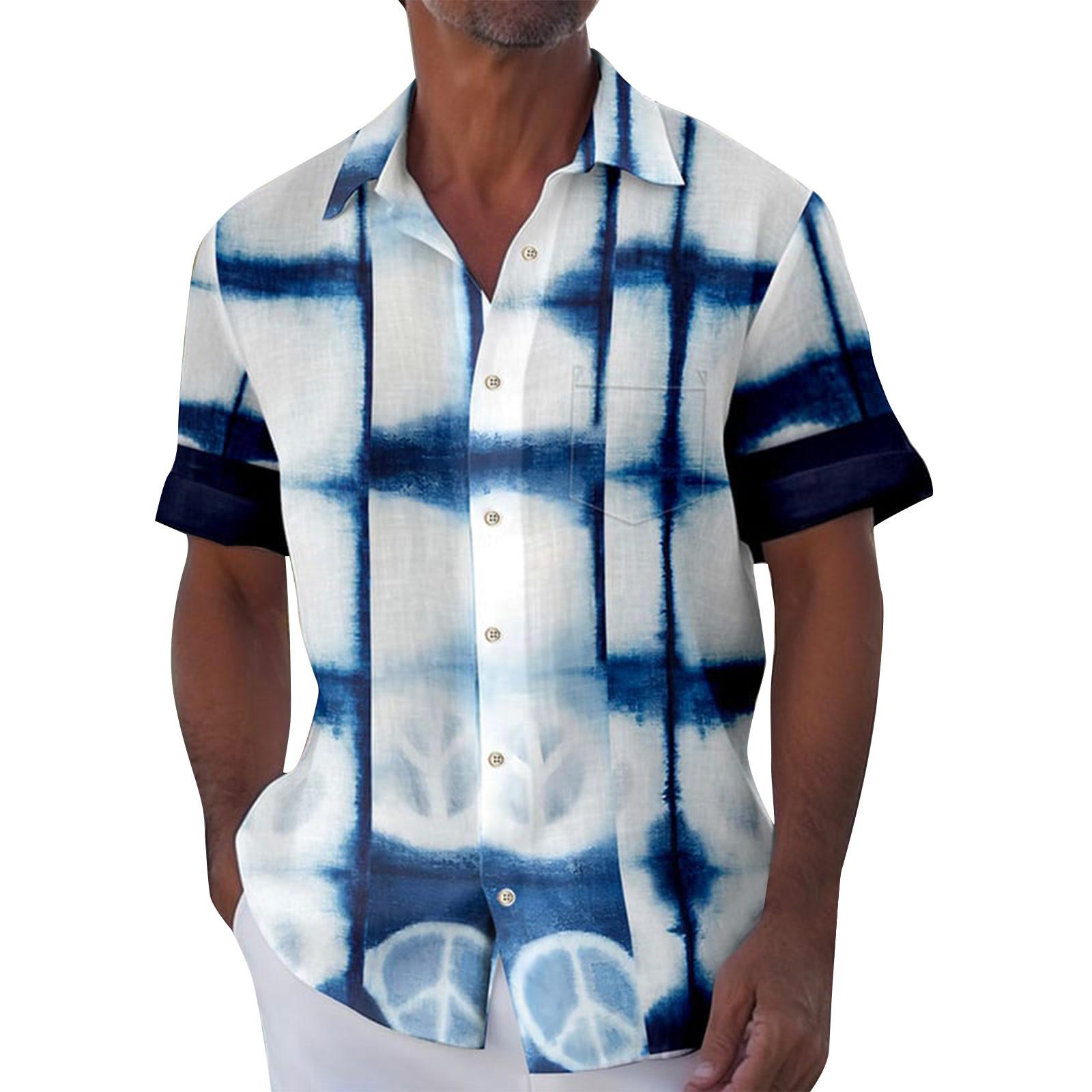 

Гавайская рубашка для мужчин, мужские винтажные рубашки для боулинга на пуговицах, летняя пляжная рубашка с коротким рукавом L синий