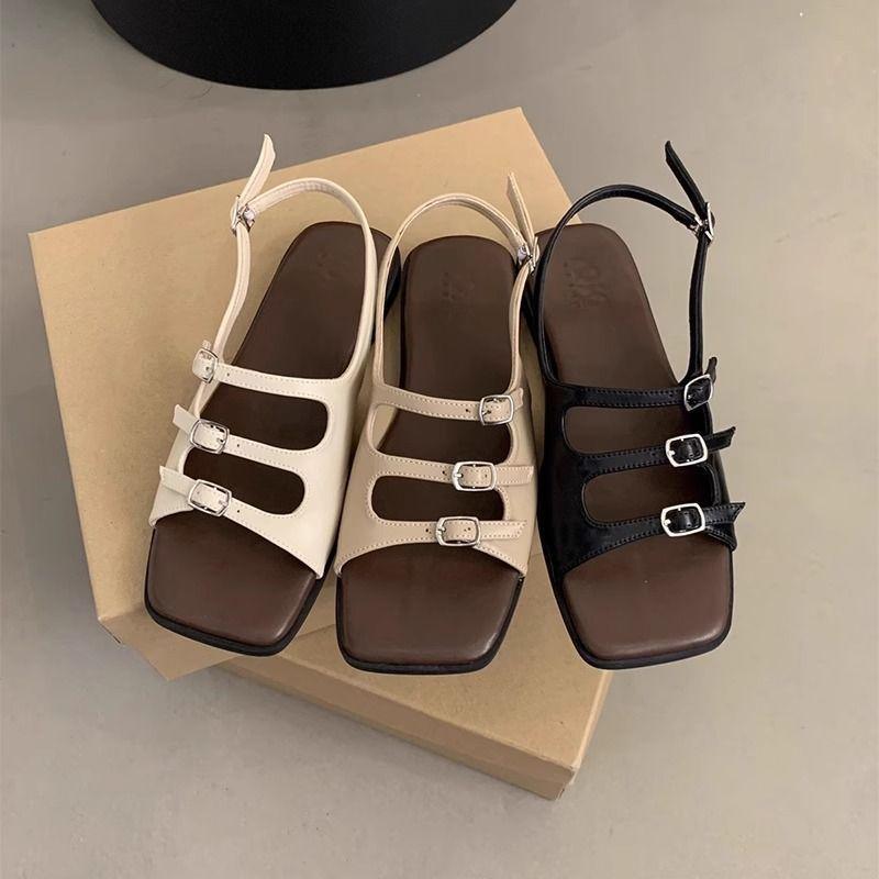Französische High-End Sandalen mit offenen Zehen, flacher Sohle, weicher Sohle, Ein-Wort-Gürtelschnalle, Römersandalen, Damen-Sommerbekleidung, vielseitig