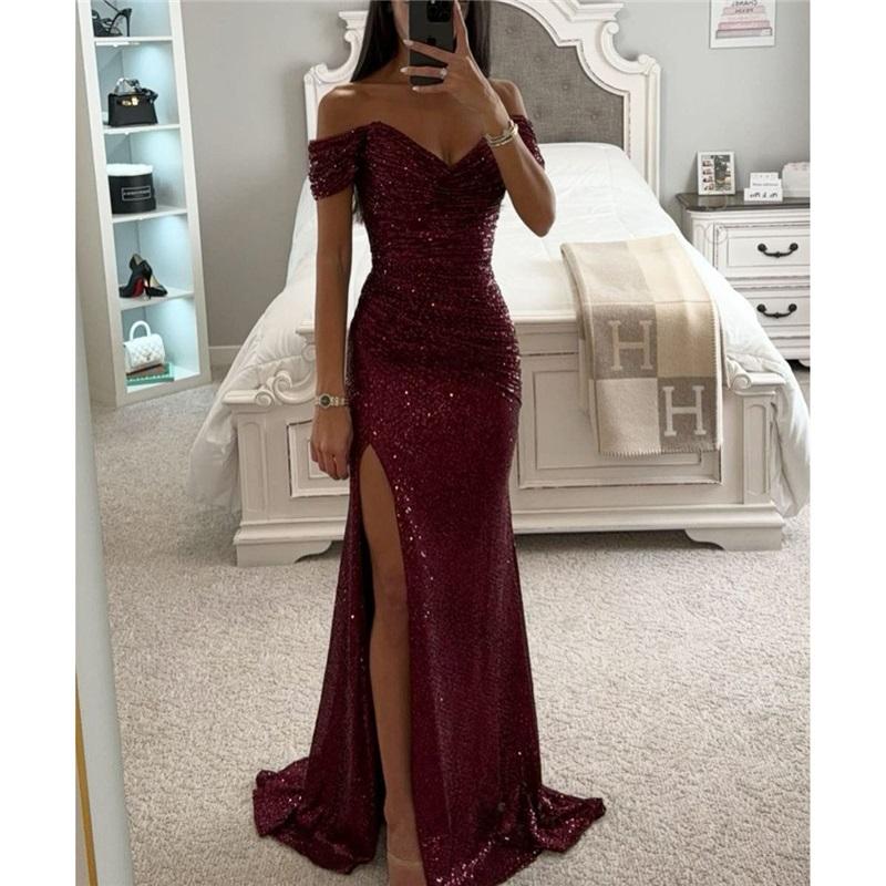 Ladies Party Sequined One-neck Split Dress Summer New Casual Sleeveless V-neck Sexy Elegant Long Skirt