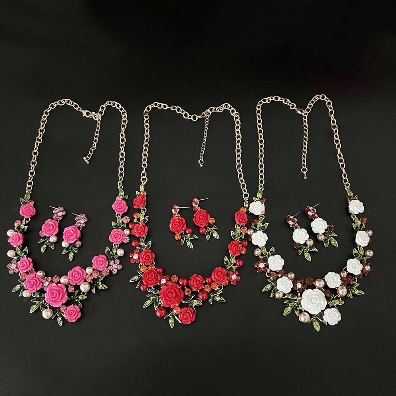 2026 Romantisches Rosenblüten Schmuckset Choker Halskette Ohrstecker für Damen Hochzeitsfeier Valentinstagsgeschenk