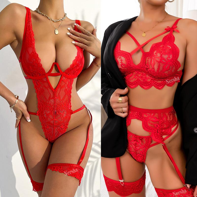 Sexy Lingerie Women Sleepwear Lace Underwear 3pcs Bra Panty Garters Erotic Lingerie Sets Sexy Women's Bra Valentine's Day Gift