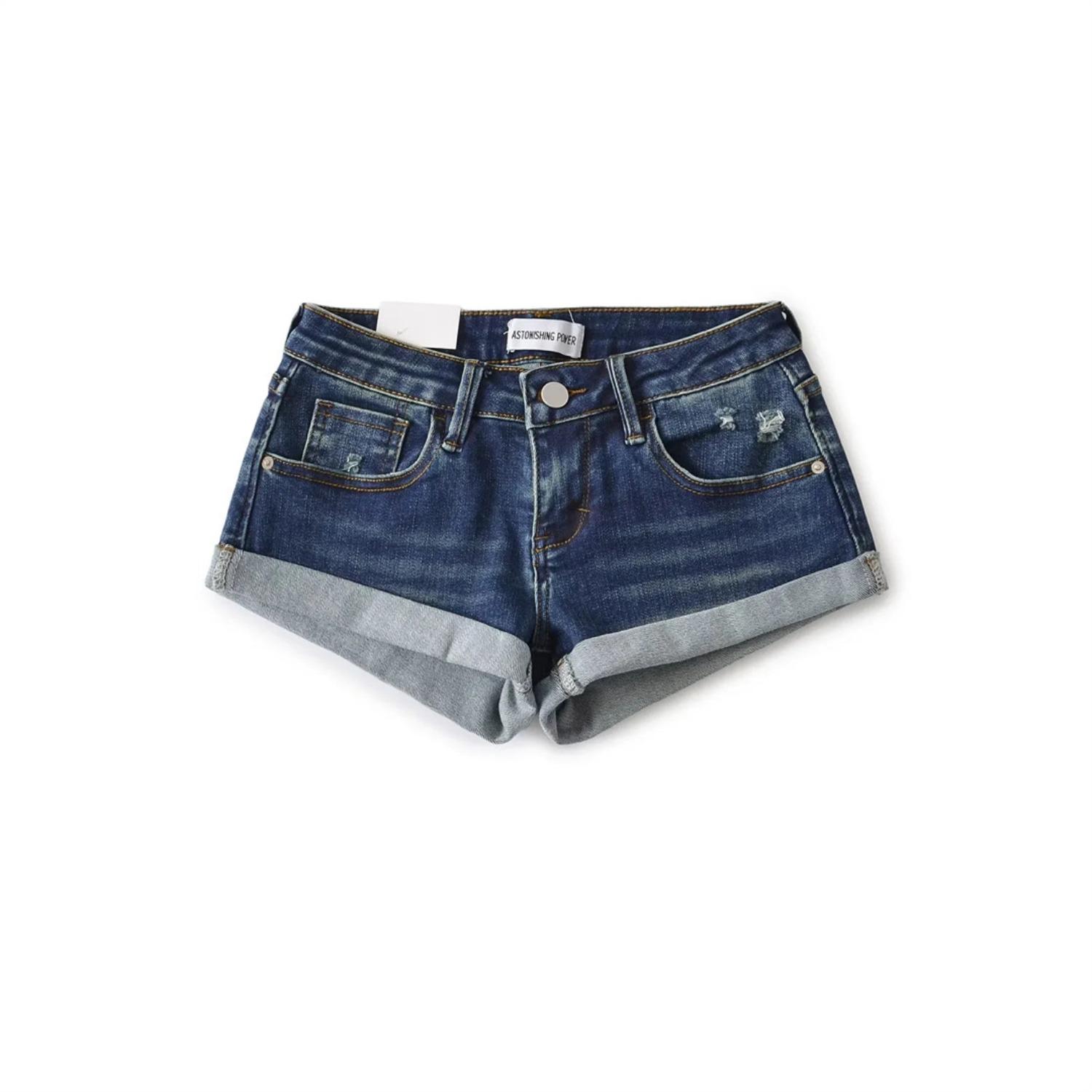 Damen Low Waist Jeans-Shorts Gerades Bein Aufgeschlagener Saum Used Look Lässig Jean Heiß Hosen XS dunkelblaue