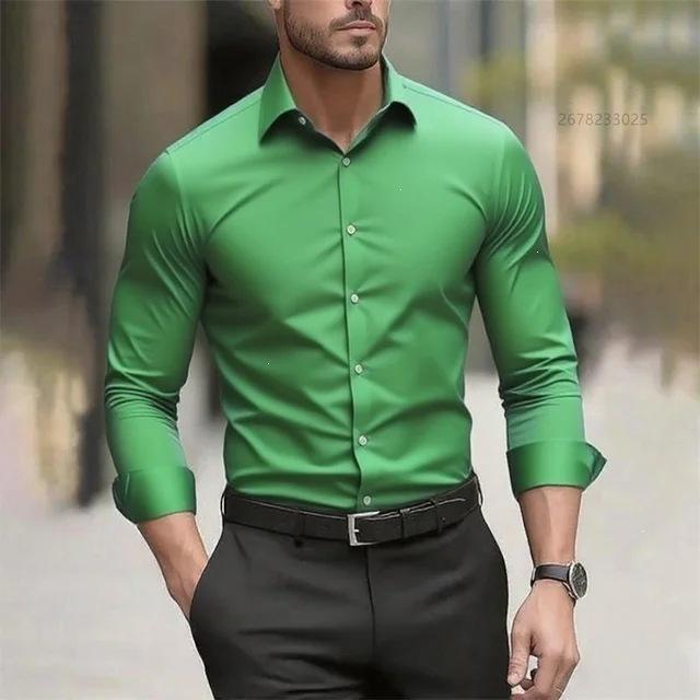 Cămașă pentru bărbați, stil business casual, cu mânecă lungă, culoare solidă, guler revere, rezistentă la șifonare, mărime mare