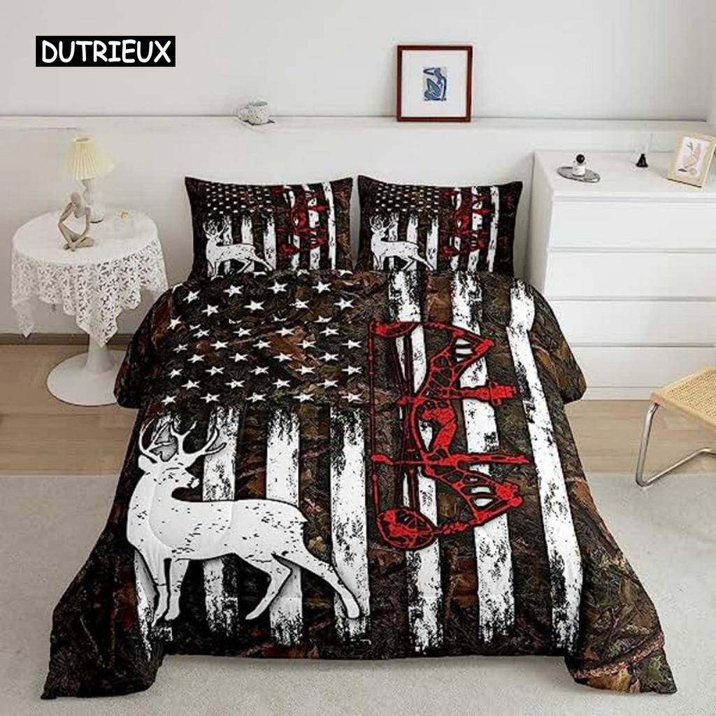 Deer Duvet Cover American Flag Elk Decor Bedding Set for Boys Teens Wild Animal Theme Comforter Cover Soft Polyester Quilt Cover