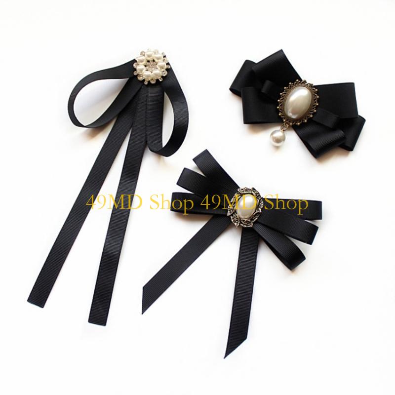 49MD Pearl Ribbon Brooch Pin Bow Tie Vintage Pre-Tied Collar Jewelry Bowknot Necktie