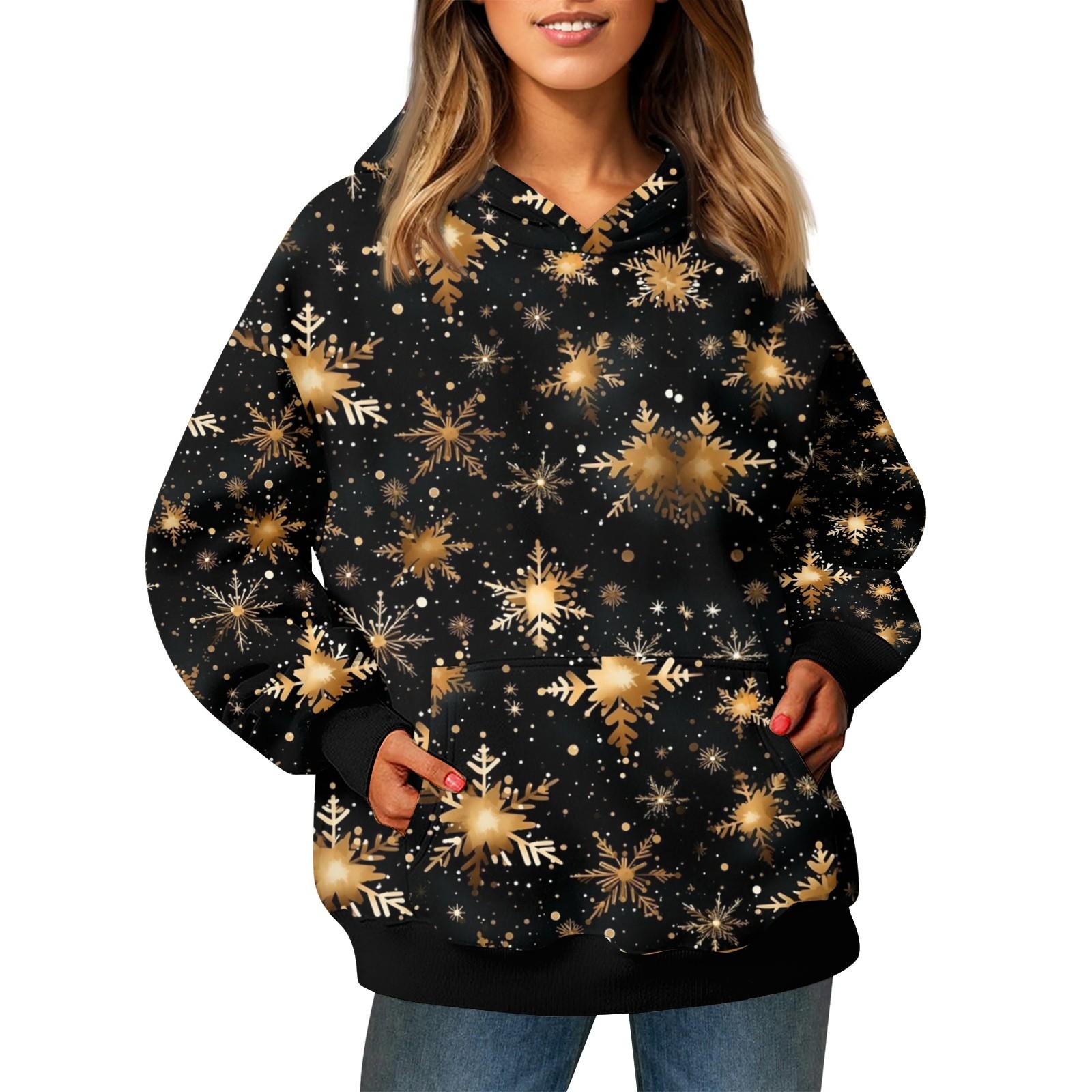 

Женский модный свитер с длинными рукавами и рождественским принтом, с капюшоном и карманом L золотой