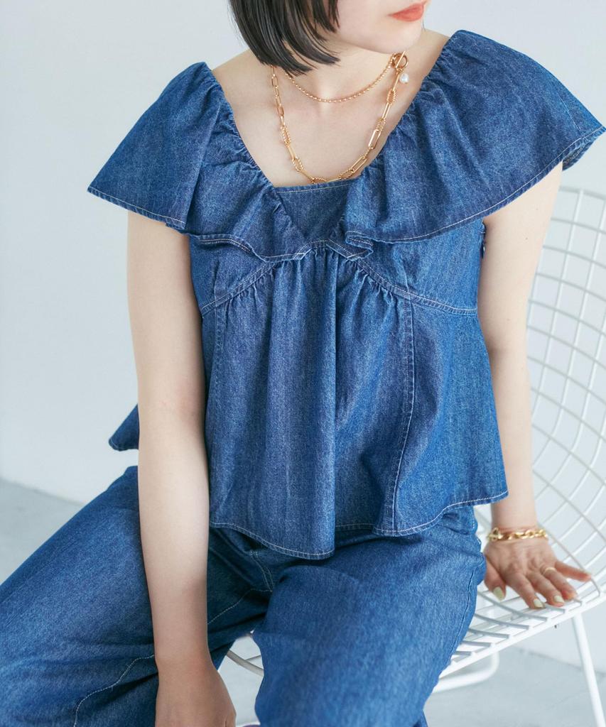 Washable Denim Frill Blouse Suitable for [BIS] Women's (43) - Co-ordination