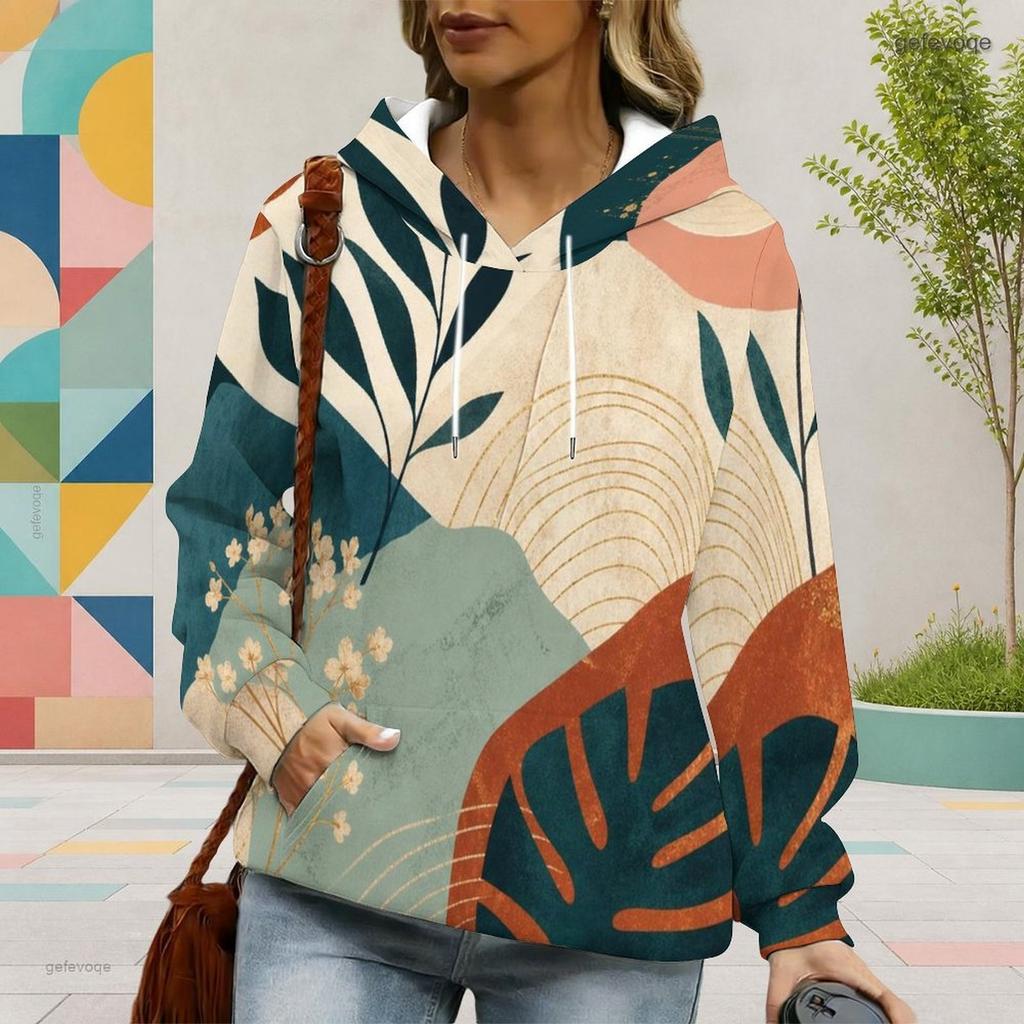 Women Plus Size Abstract Printed Long Sleeve Drawstring Hoodie Kangaroo Pocket Pullover