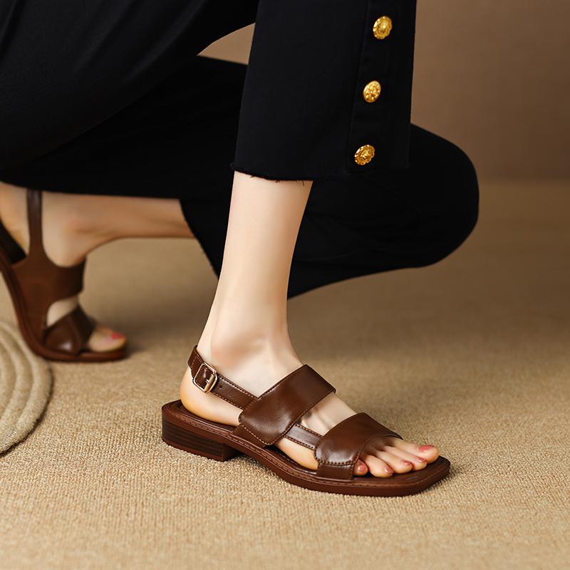 2024 Nuovi Sandali da Donna Stile Roma Estivi Tacchi Spessi Scarpe da Gladiatore Donna Tempo Libero Retro Vera Pelle Casual Scarpe da Lavoro