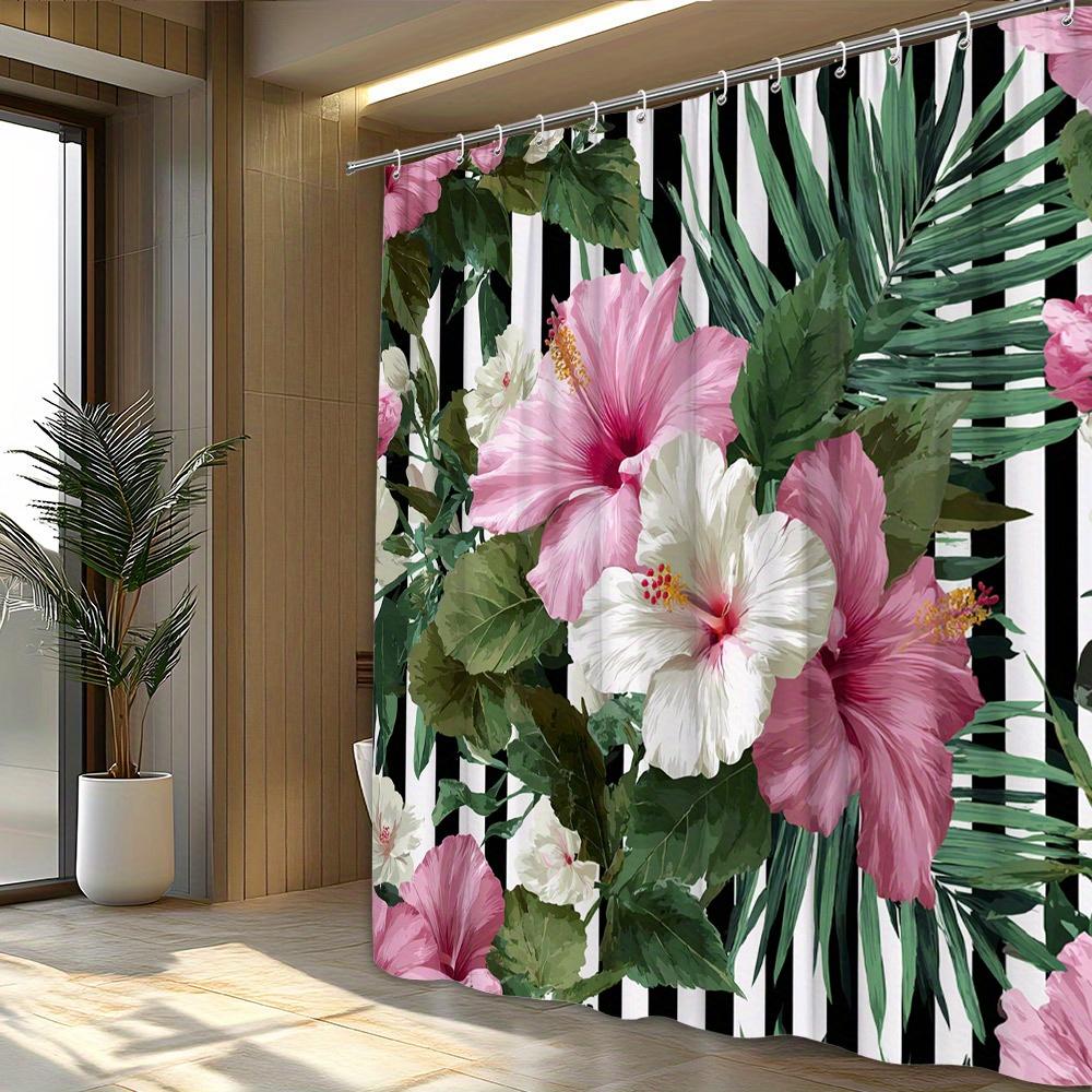 1pc Tropical Hibiscus Shower Curtain-pink and White Flowers, Yellow Stamens Black and White Striped Palm Leaves Polyester Fabric