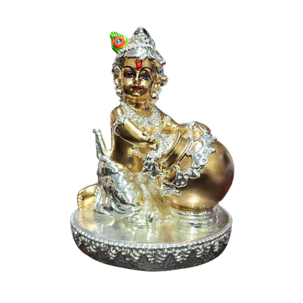 Makhan Krishna Idol Silver with Gold Antique Detailing, Ideal for Home Decor, Mandir, Puja Room | Makhan Chord | Laddu Gopal (4x3)