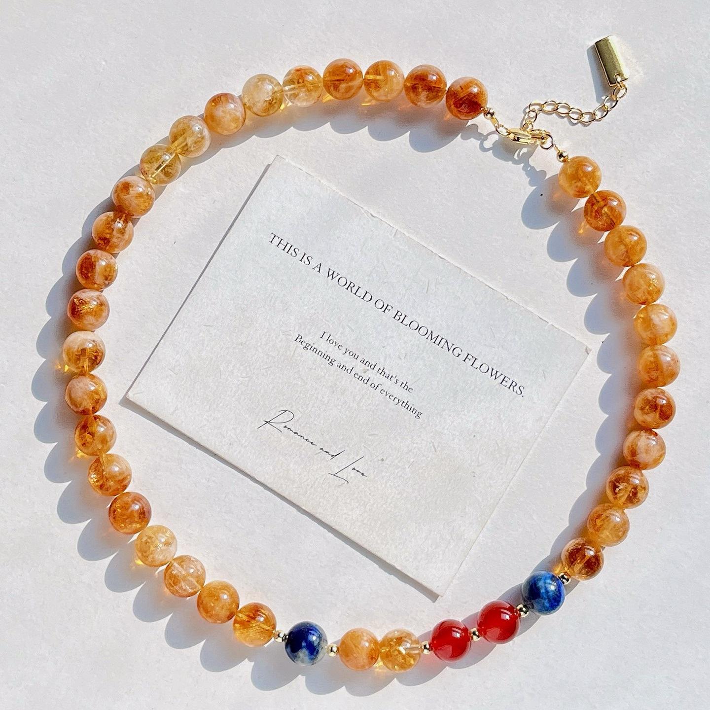 10Mm Natural Citrine Yellow Tower Crystal Lapis Lazuli Design Sense Necklace Collarbone Chain Sweater Chain