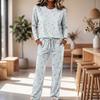 Women's Casual Pajama Set with Neck Long Sleeve Top and Drawstring Wide Leg Pants for Sleep and