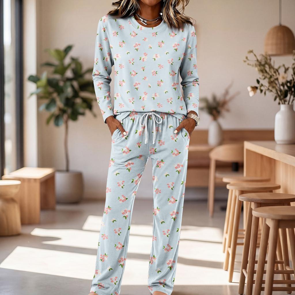 Women's Casual Pajama Set with Neck Long Sleeve Top and Drawstring Wide Leg Pants for Sleep and