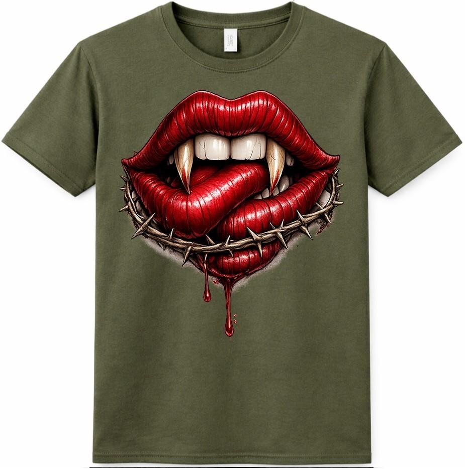 Vampir Lippen T-Shirt Gothic Reißzähne Horror Blut Tattoo Stil Halloween Tee
