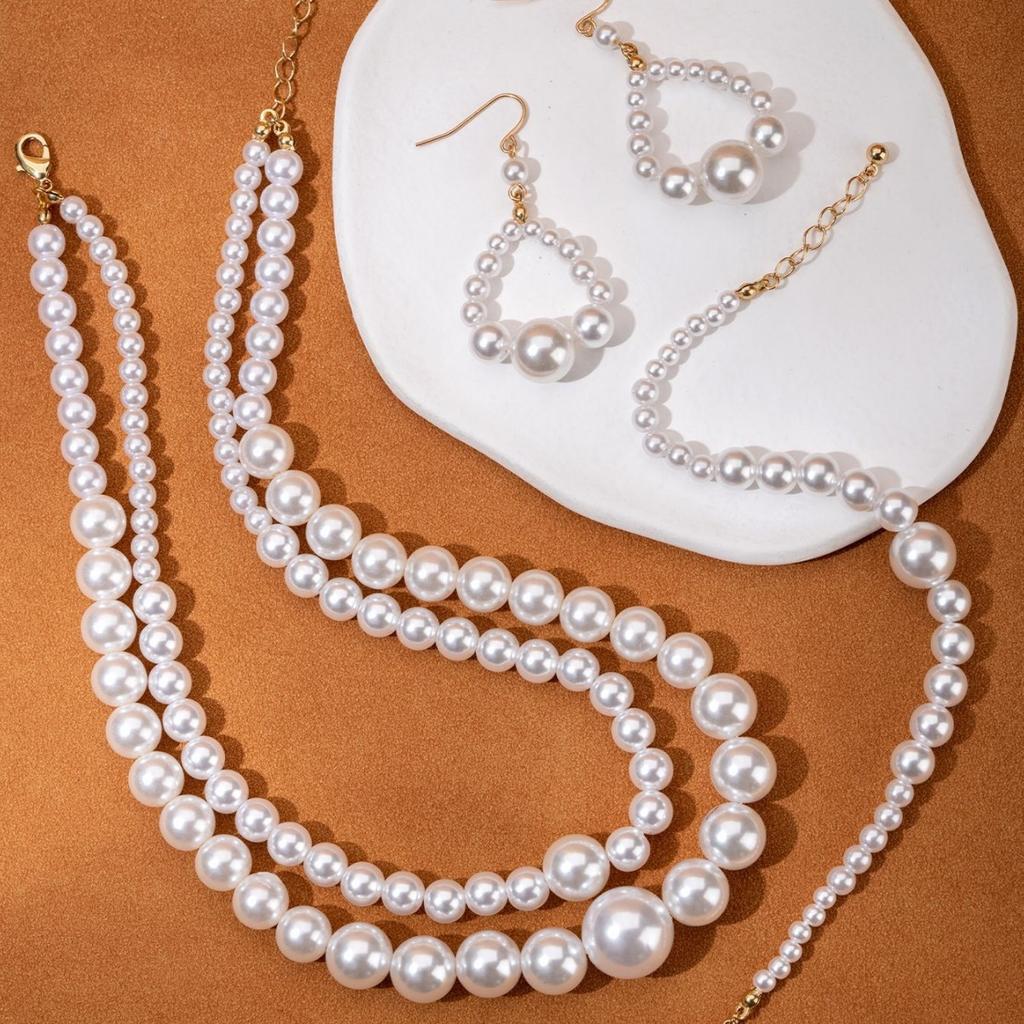 Elegant Celebrity Temperament Pearl Double Necklace Bracelet Earrings Pendant Light Luxury Versatile Jewelry