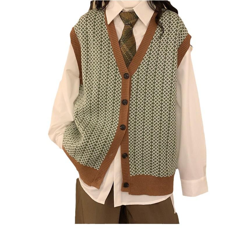 Women's Japanese-Style Green Plaid Sleeveless Cardigan: Retro Spring/Autumn Casual Vest