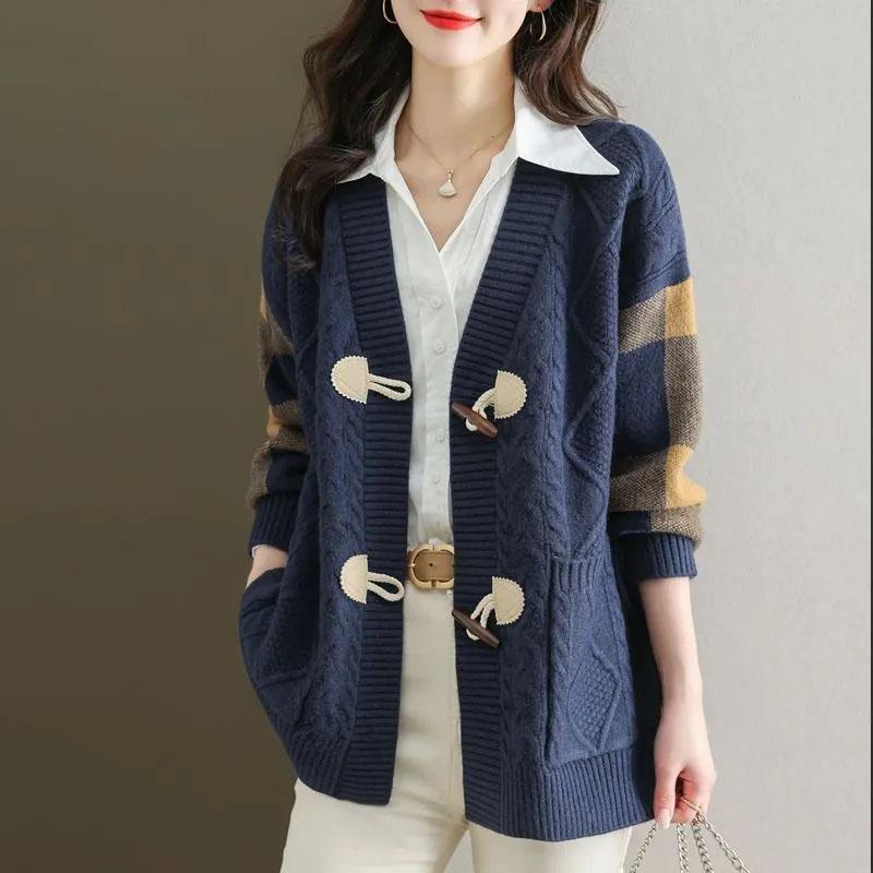 

Шерстяные свитера Пальто Кардиган для женщин Осень Зима Большой размер Винтажный Свободный Длинный рукав Вязаные свитера Пальто XXXL синий