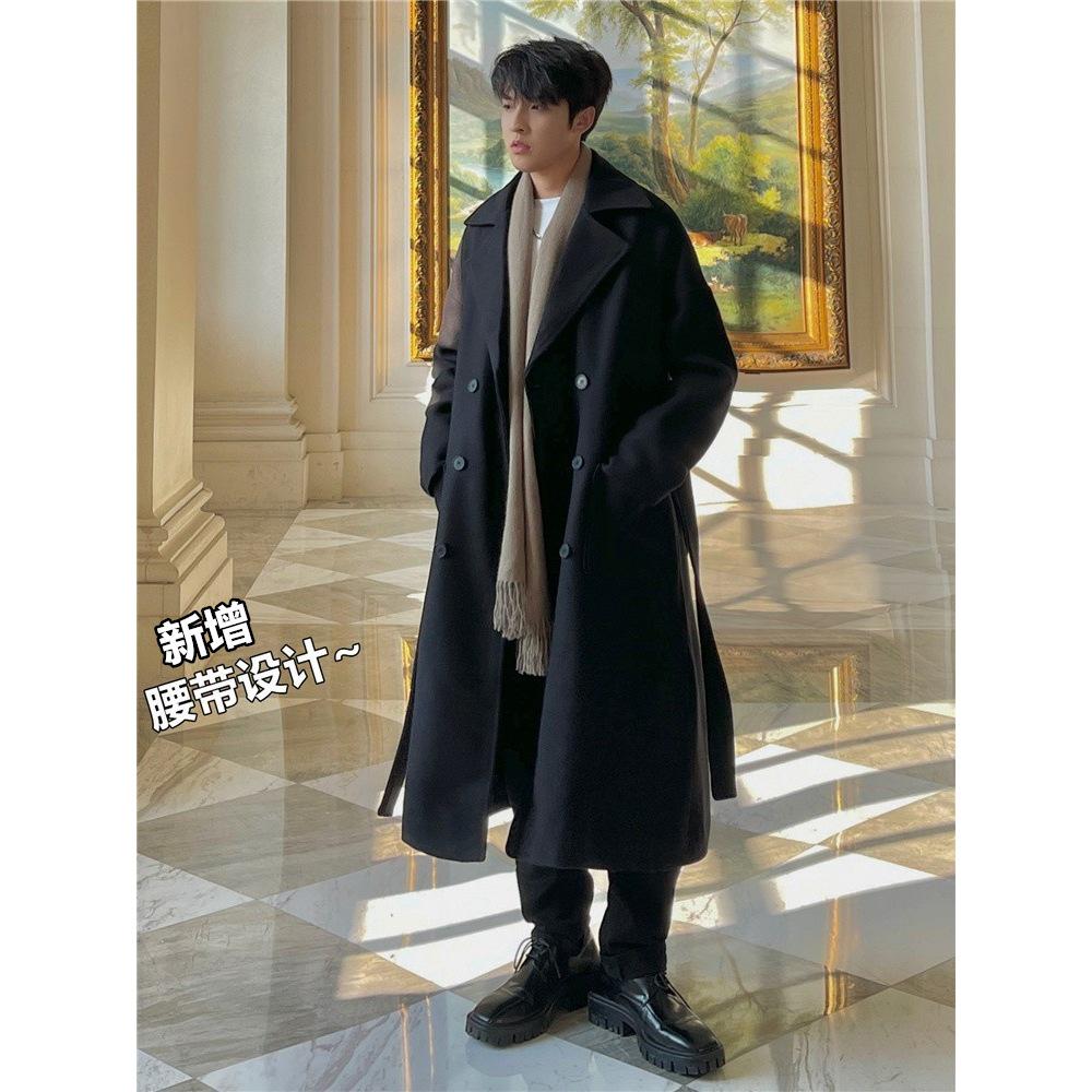 Men's Mid-Length Korean Style Wool Trench Coat - Autumn/Winter, Thickened, Over-the-Knee, Loose Fit