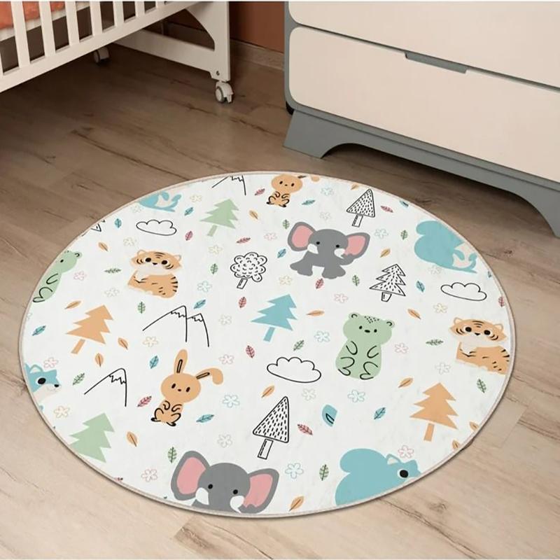 Round Kids Carpet With Cartoon Map Road Track Hot Air Balloon Airplane Car Other Patterns NonSlip Mat For Kids’ Room Home Decor