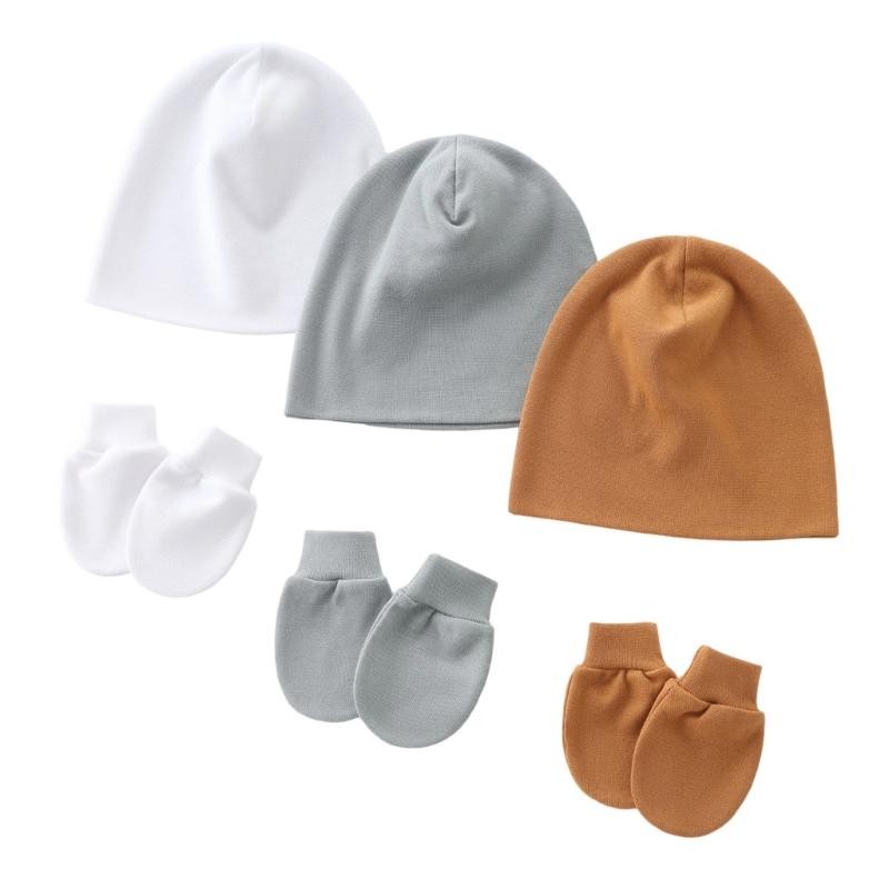 3 Set Baby Bonnet Caps Newborns Fetal Hat Fashionable Brimless Hat Trendy Headgear with Soft Anti-grab Mittens Gloves