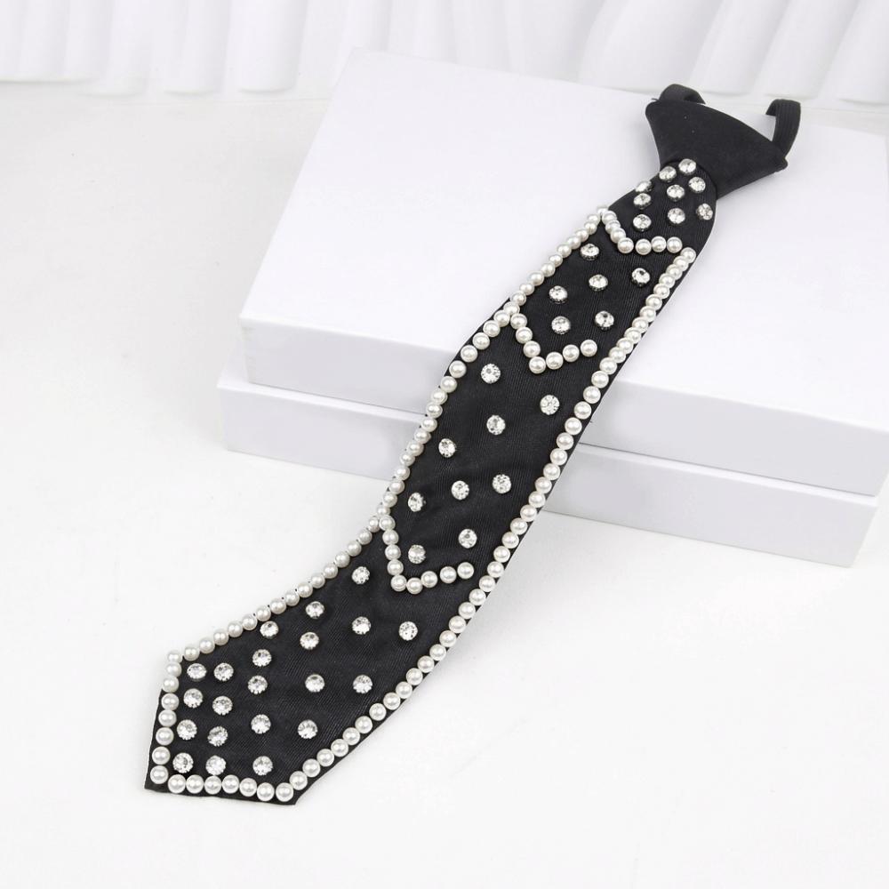 Elegant Rhinestone Pearls Tie Black Korean Style Hand-beaded Long Necktie Collares Geometric Decoration Shirt Tie Women