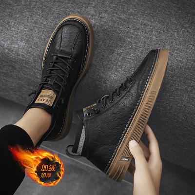 Autumn and Winter Board Shoes High-top Velvet Leather Shoes Black Casual Warm Heightening Lace-up Leather Boots