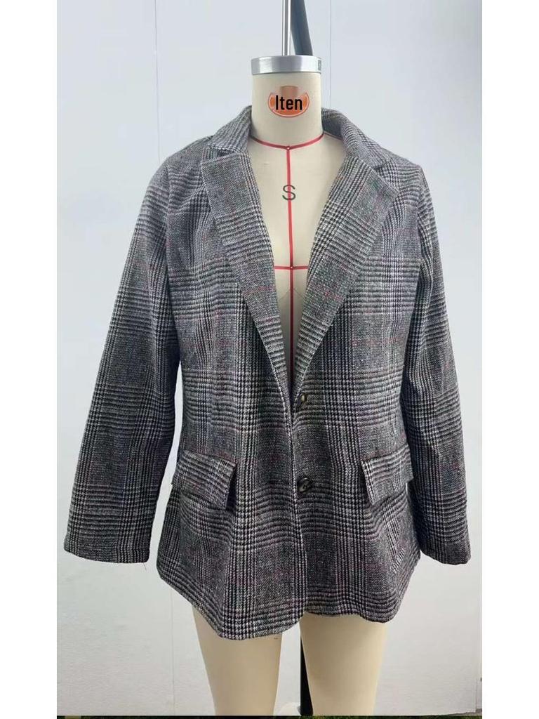 2024 Women's Retro Houndstooth Lapel Cardigan Jacket - Casual European & American Autumn/Winter Fashion