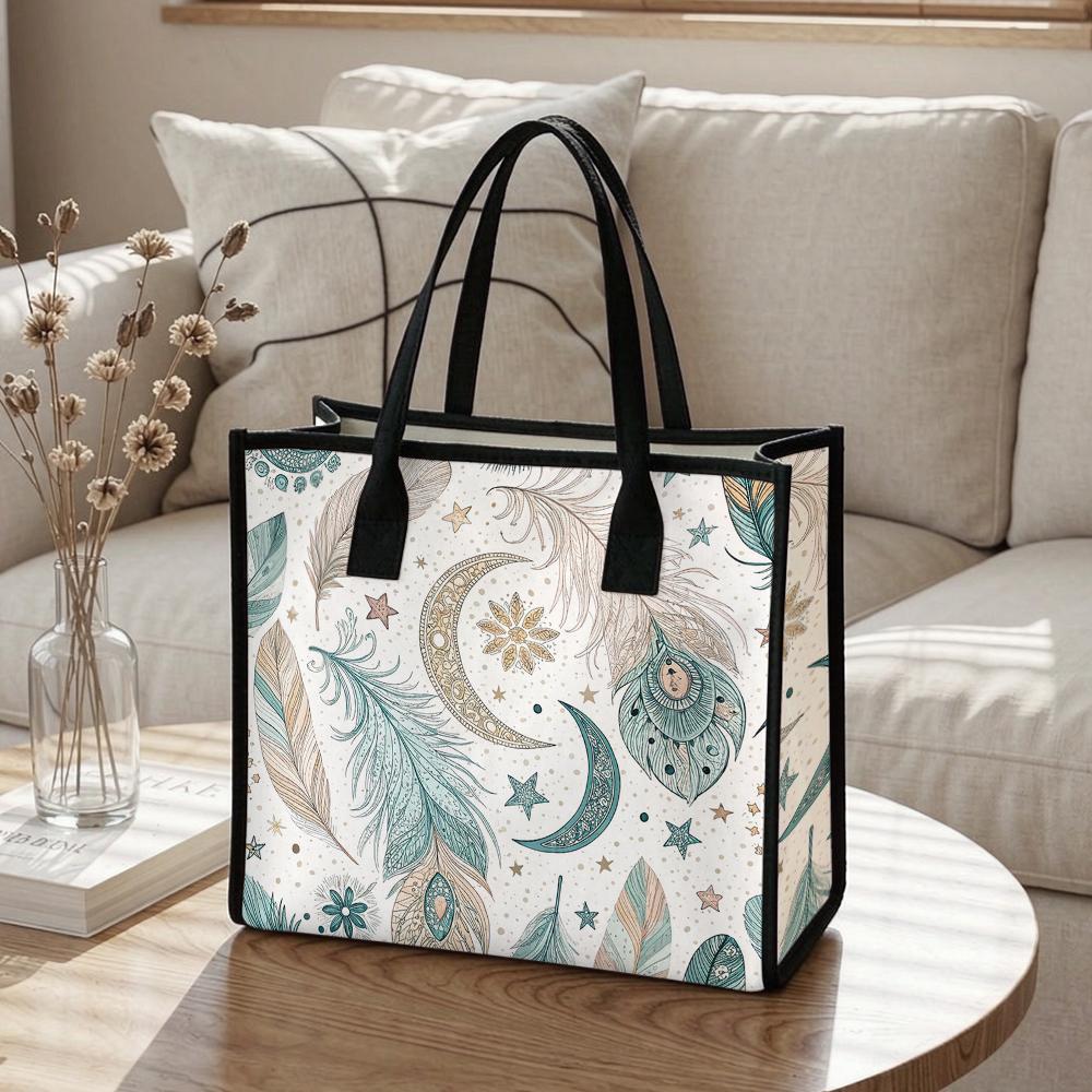 Boho Moon Feather Printed Tote Bag Fashion Casual Portable Daily Carry All Handbag for Women
