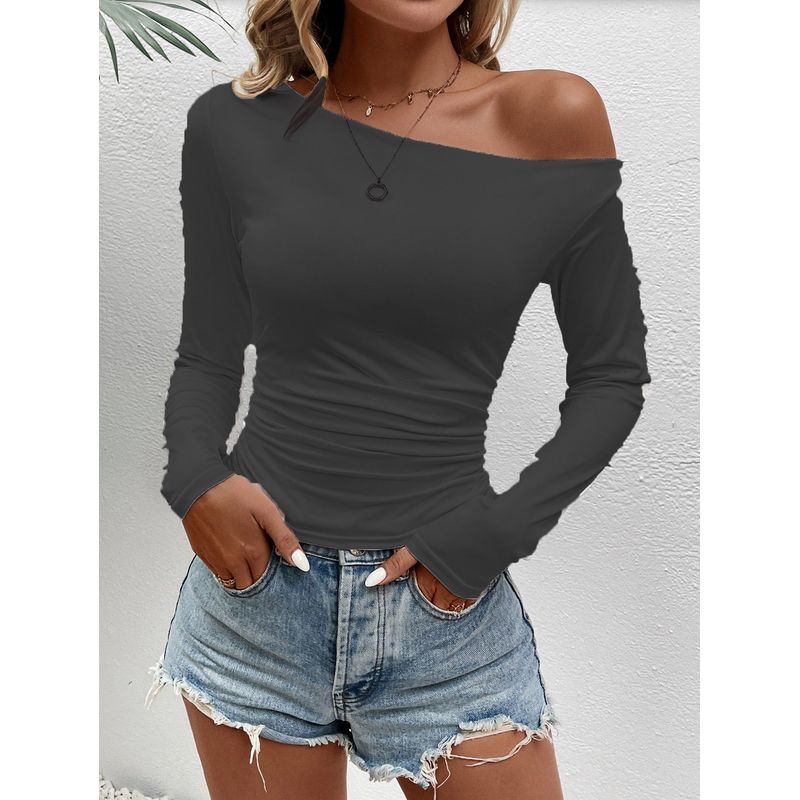 Solid Color Slanted Neck Long Sleeved Top Solid Diagonal Collar Long sleeve Top Women