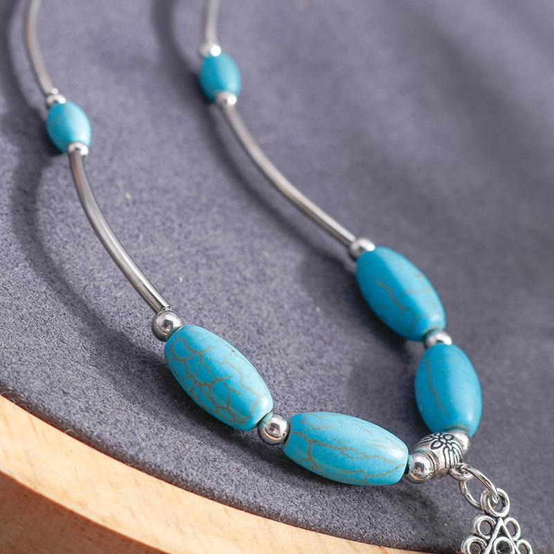 Personalized Vintage Necklace National Style Turquoise Pendant Leaf Tassel Blue Turquoise Necklace