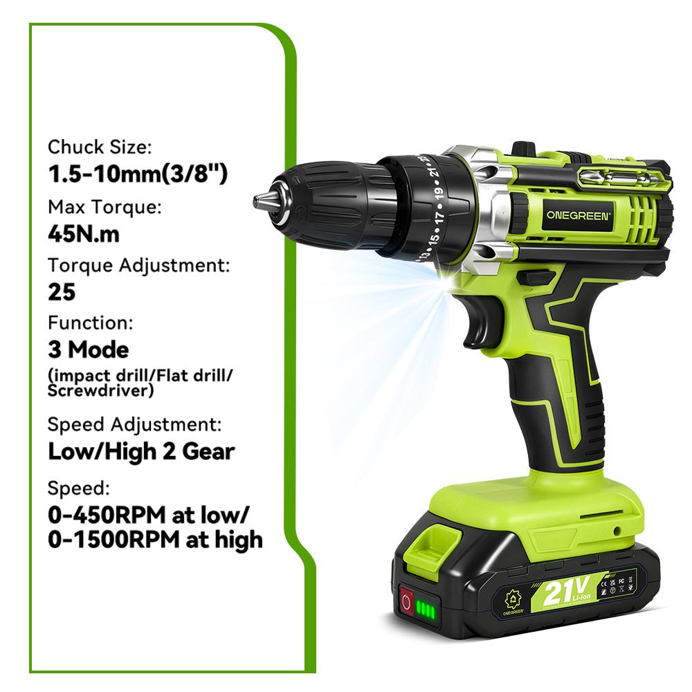 ONEGREEN Trapano Avvitatore a Percussione Elettrico 25+3 Coppia 2 Velocità Regolabile Avvitatore Elettrico Senza Fili Utensile Elettrico Per Batteria Makita 21V Pin