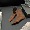 Korean version inner height-increasing suede short boots women's 2025 autumn and winter square head stitching thin boots rear zipper youth temper