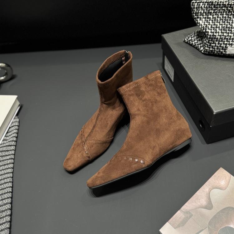 Korean version inner height-increasing suede short boots women's 2025 autumn and winter square head stitching thin boots rear zipper youth temper