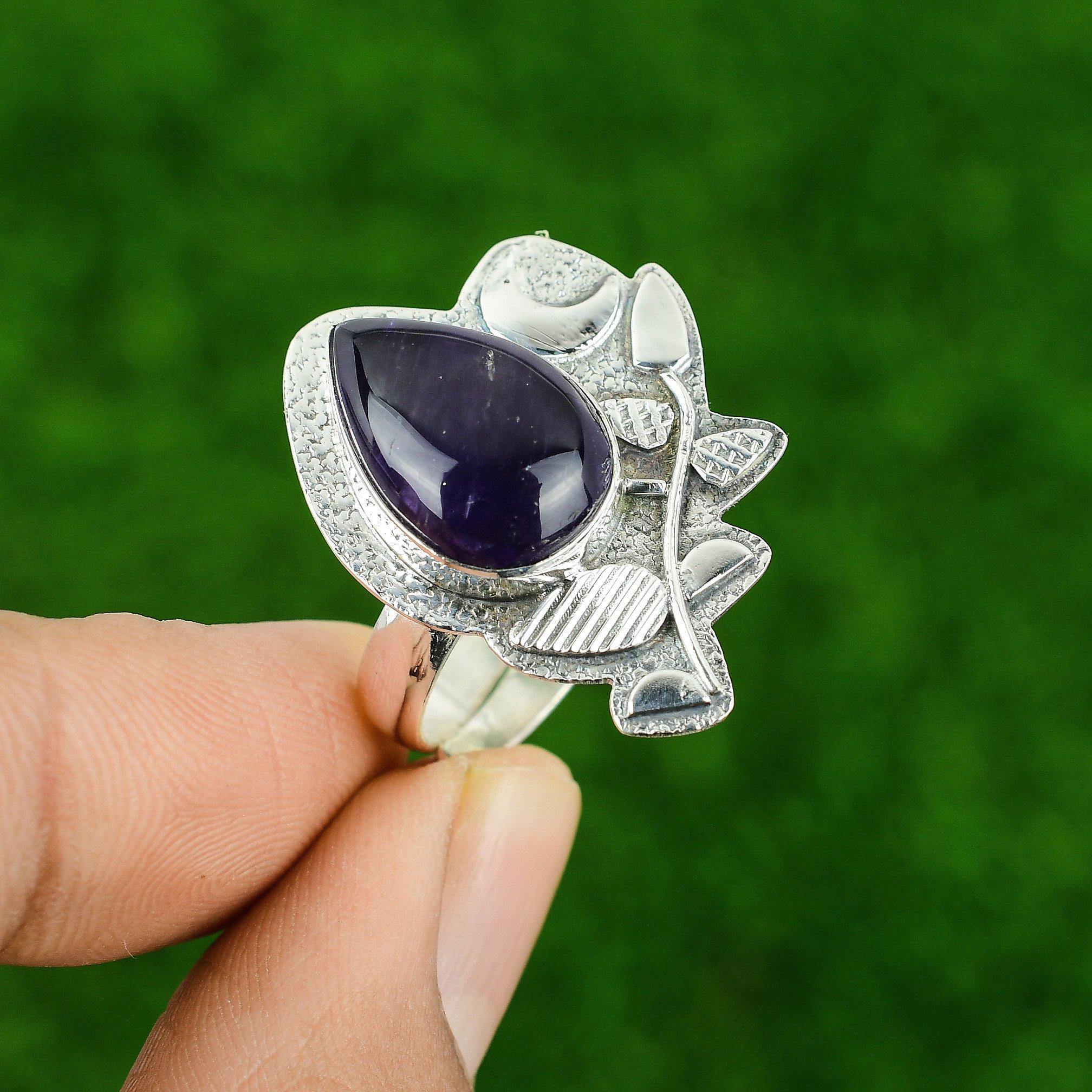 

Кольцо «Дочь» из стерлингового серебра с африканским аметистом и полумесяцем в области коронной чакры Adjustable