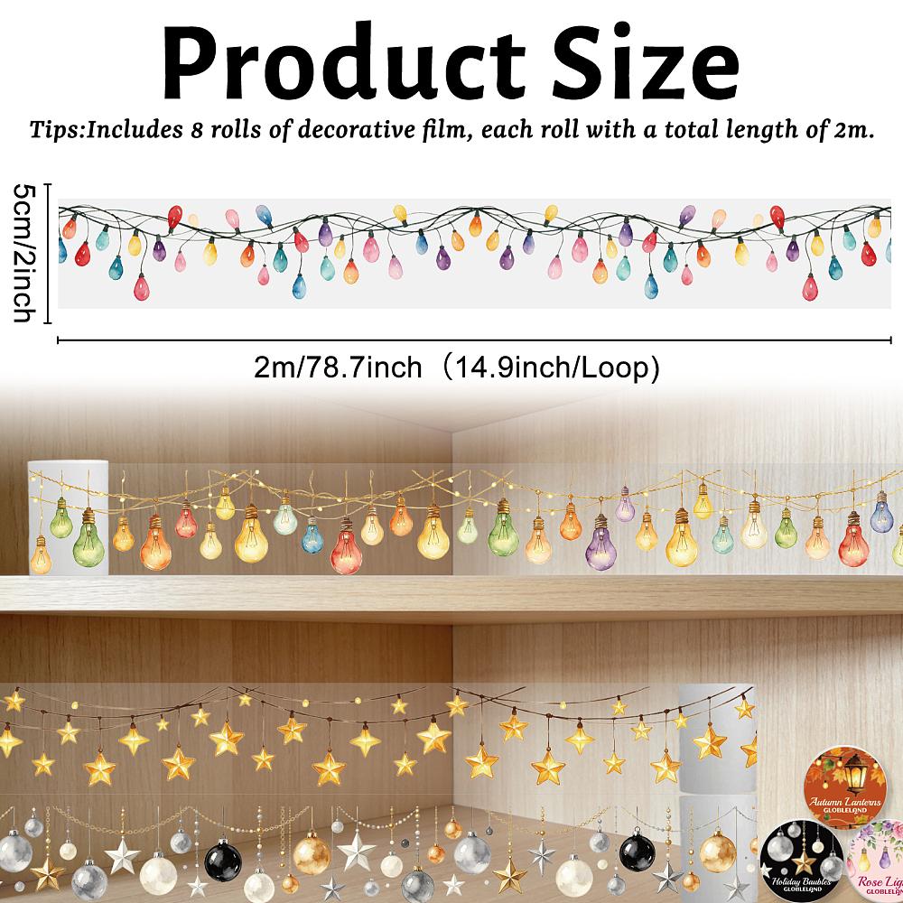 8 Rolls 8 Styles PET Self Adhesive Stickers Roll Decorative Stickers Roll Mixed Shapes 50mm 1roll/style 2m/roll