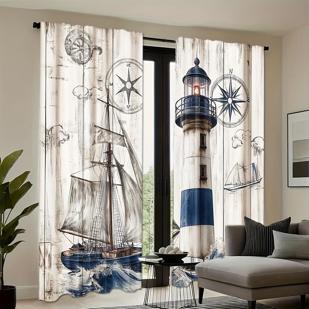 2PCS Digital Printed Curtains, Sailboat Lighthouse Nautical Coastal Ocean, Window Drapes for Living Room Bedroom Home Decoration