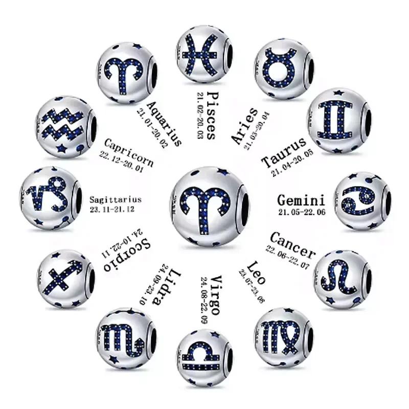 Zircone Blu Elegante Dodici Simboli Zodiacali Gemelli Leone Bilancia Perla in Rame Autentico Adatta a Braccialetti da Donna Fai da Te Regali Accessorio