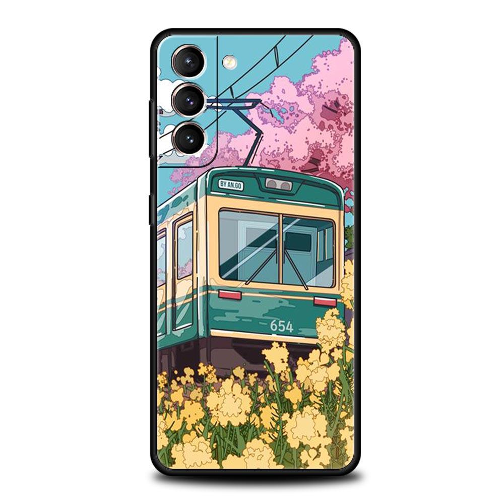 Cherry Japanese Traint Moun Fuji Phone Case For Samsung Galaxy S23 Ultra S22 S21 S20 FE 5G S10 S10E S9 S8 Plus Note 20 Cover