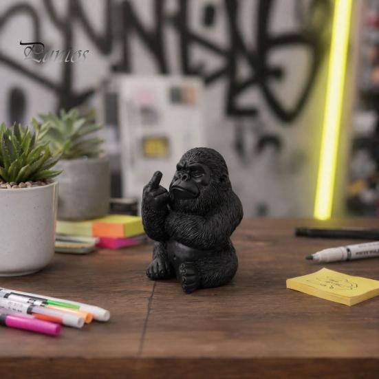 Funny Middle Finger Figurine Gorilla Statue, Resin Sitting Chimpanzee Figurine, Miniature Gesture Unique Office Desk Decoration Animal Sculpture
