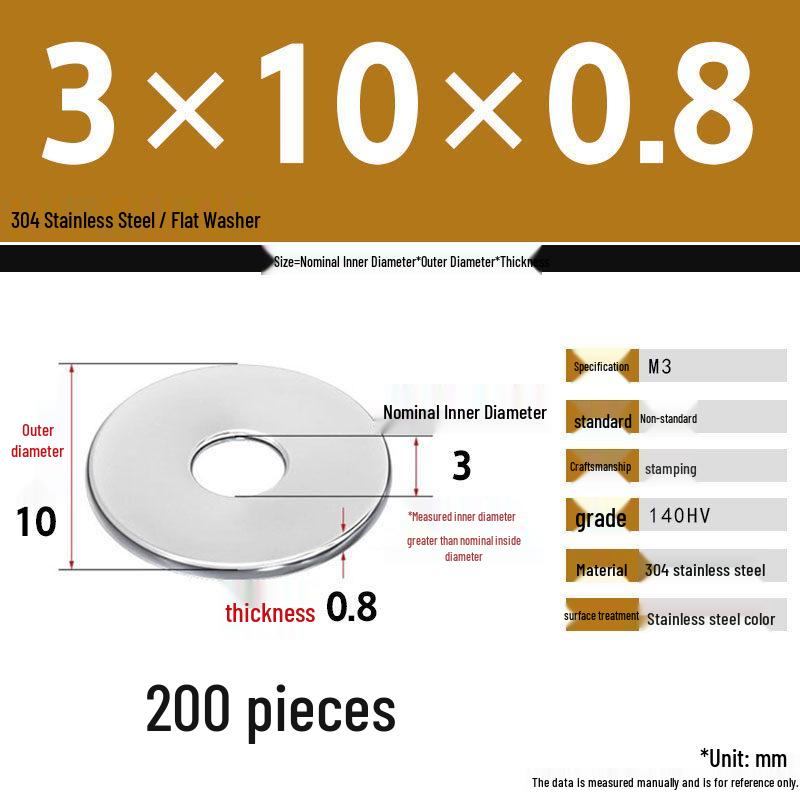 304 Stainless Steel Thickened Flat Washer Set, Sizes 2-36
