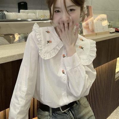 French Sweet Embroidered Doll Collar Long-sleeved Shirt Women's Clothing Spring and Autumn New Design Sense Niche College Style Top Tide