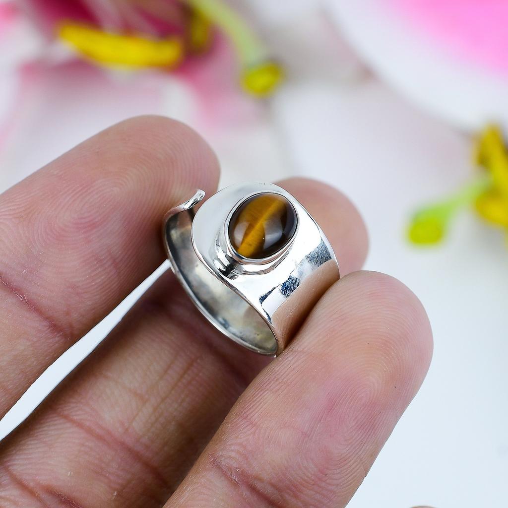 Natural Tiger Eye Gemstone 925 Solid Sterling Silver Jewelry Ring Size 8 F6G49